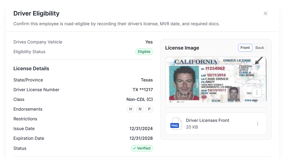 Driver eligibility record with verified license details, expiration date, and the license image on file