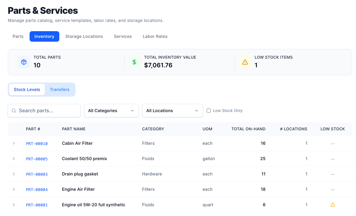 Parts & Services inventory with stock levels by part, total inventory value, and a low-stock flag on engine oil