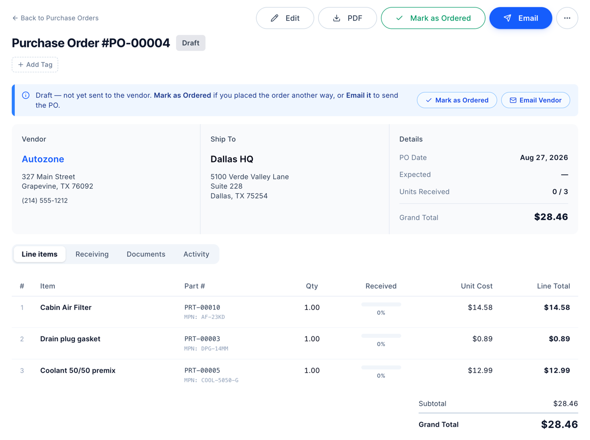 Draft purchase order to a vendor with line items, receiving progress, and one-click Mark as Ordered and Email Vendor actions