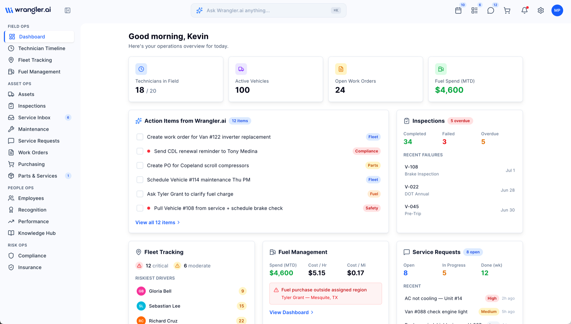 Wrangler.ai operations dashboard showing AI action items, fleet tracking, fuel management, and inspections